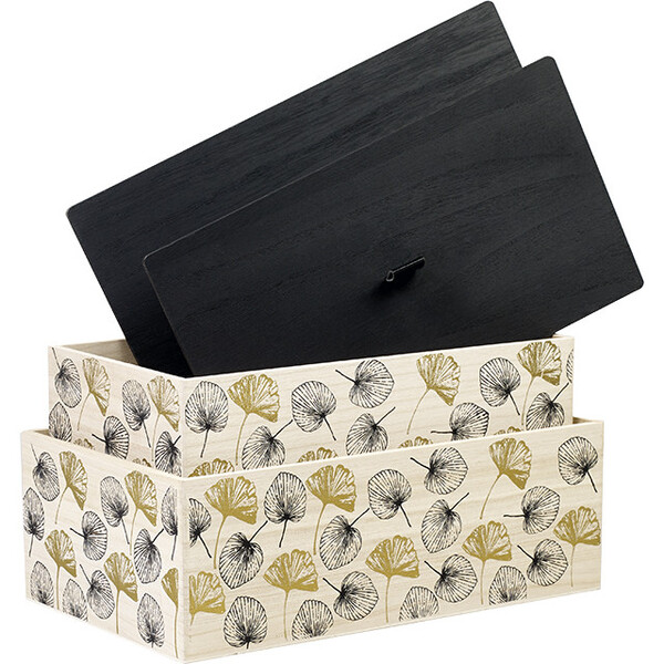 Caja madera rectangular dorado/negro motivo hojas