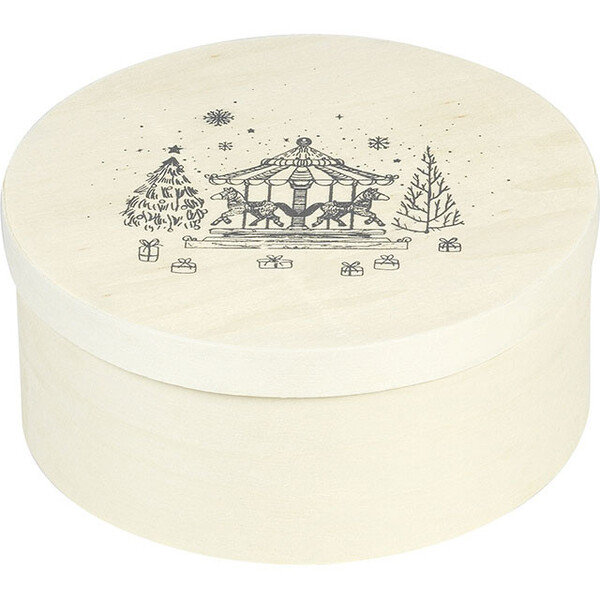 Coffret bois rond nature décor BONNES FÊTES coloris gris