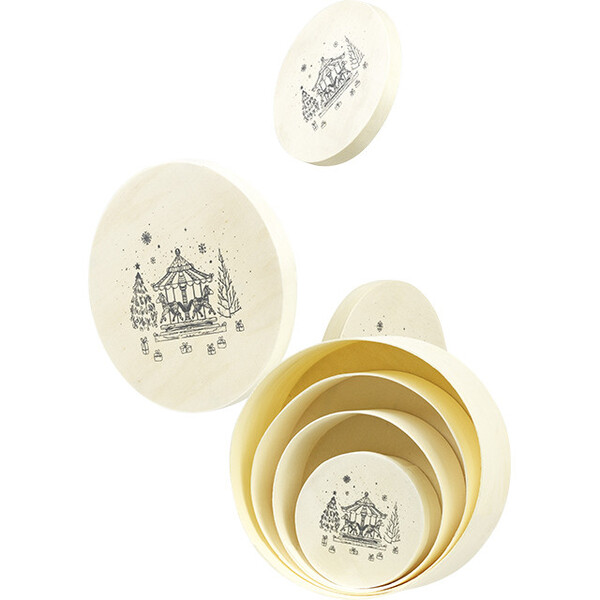 Coffret bois rond nature décor BONNES FÊTES coloris gris