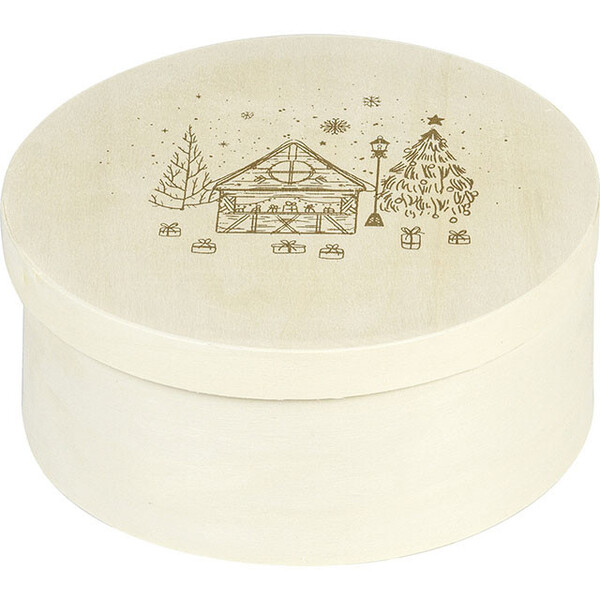 Coffret bois rond nature décor BONNES FÊTES coloris or