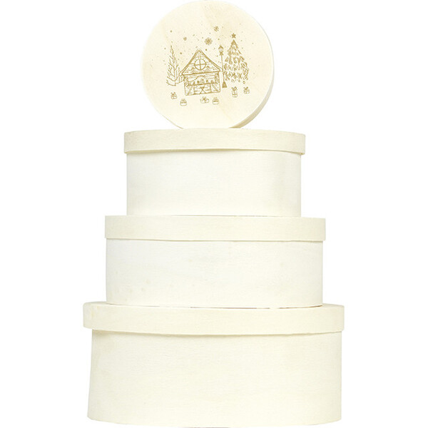 Coffret bois rond nature décor BONNES FÊTES coloris or