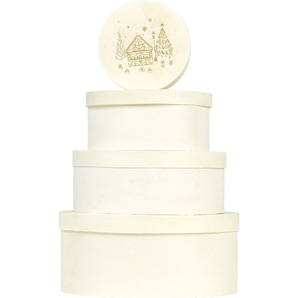 Coffret bois rond nature décor BONNES FÊTES coloris or