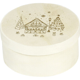 Coffret bois rond nature décor BONNES FÊTES coloris or