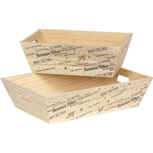 Corbeille bois rectangle décor BONNES FÊTES...