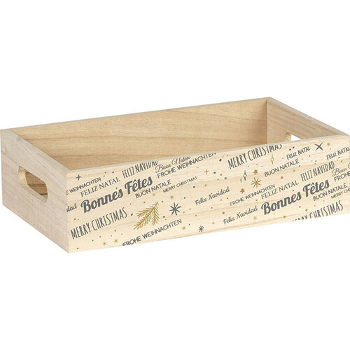 Corbeille bois rectangle décor BONNES FÊTES gris/or poignées