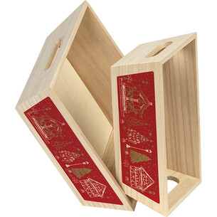 Tray wood square MERRY CHRISTMAS red chalets handles 2