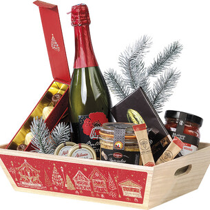 Corbeille bois rectangle décor BONNES FÊTES rouge chalets... 2