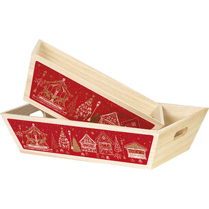 Corbeille bois rectangle décor BONNES FÊTES rouge chalets... 2