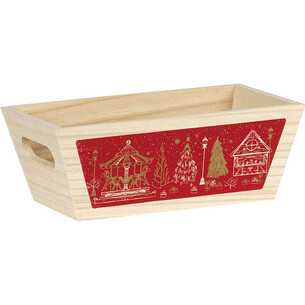 Corbeille bois rectangle décor BONNES FÊTES rouge chalets...
