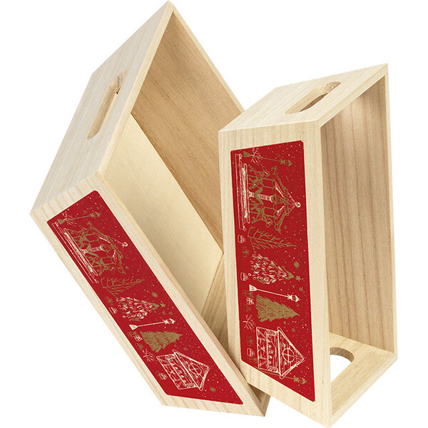 Corbeille bois rectangle décor BONNES FÊTES rouge chalets poignées