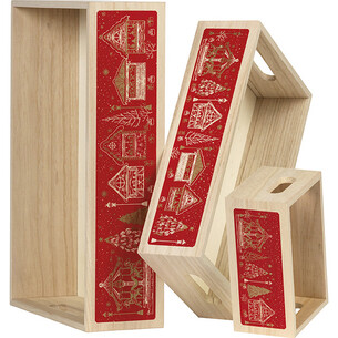 Tray wood rectangular MERRY CHRISTMAS red chalets handles 2