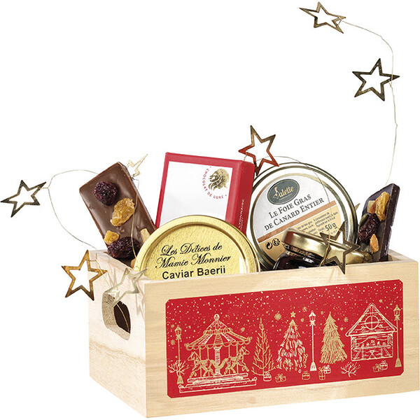 Corbeille bois rectangle décor BONNES FÊTES rouge chalets poignées