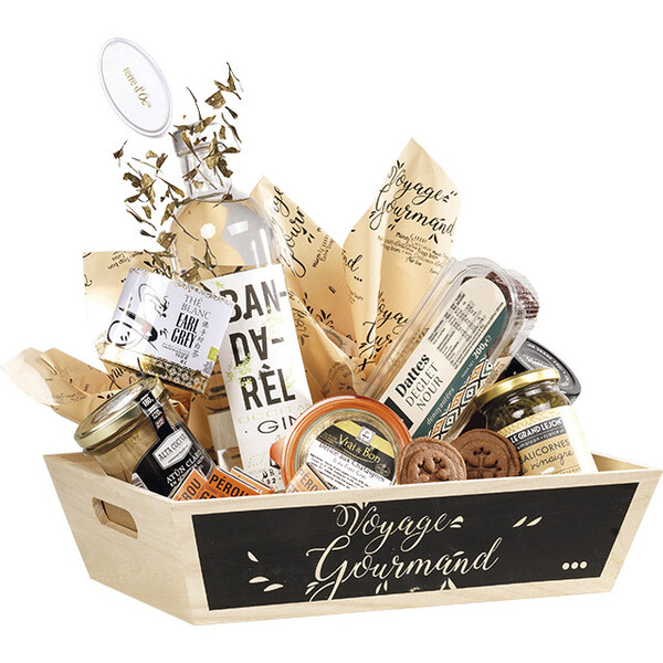 Corbeille bois rectangle nature/noir décor VOYAGE GOURMAND poignées