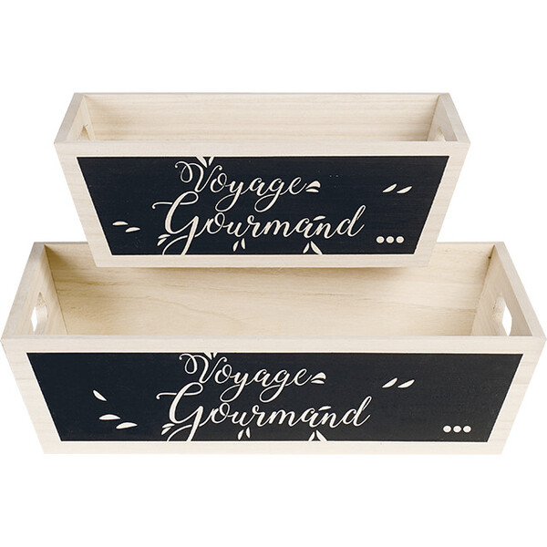 Corbeille bois rectangle nature/noir décor VOYAGE GOURMAND poignées