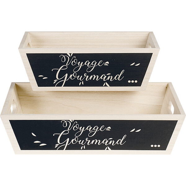 Corbeille bois rectangle nature/noir décor VOYAGE GOURMAND poignées