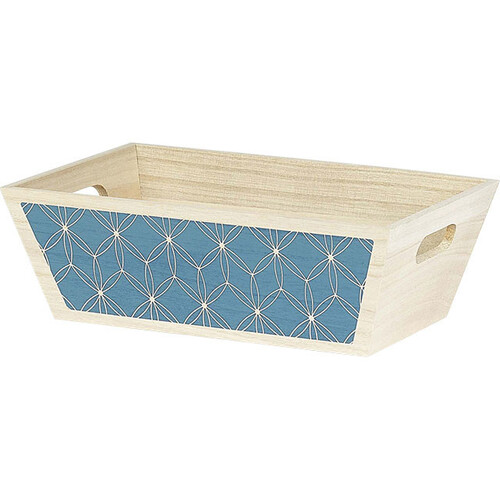 Corbeille bois rectangle bleu décor rosaces poignées