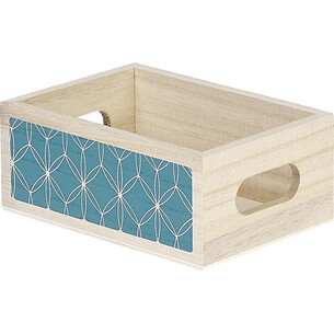 Corbeille bois rectangle bleu décor rosaces poignées