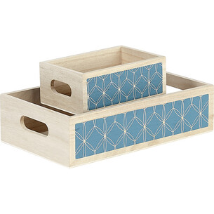 Corbeille bois rectangle bleu décor rosaces poignées-Les... 2