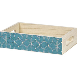 Corbeille bois rectangle bleu décor rosaces poignées