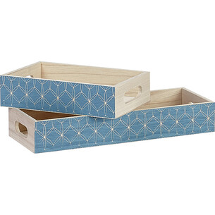 Corbeille bois rectangle bleu décor rosaces poignées 2