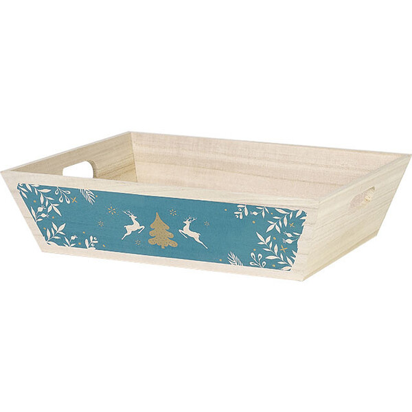 Corbeille bois rectangle BONNES FÊTES bleu poignées