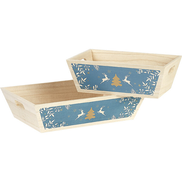 Corbeille bois rectangle BONNES FÊTES bleu poignées