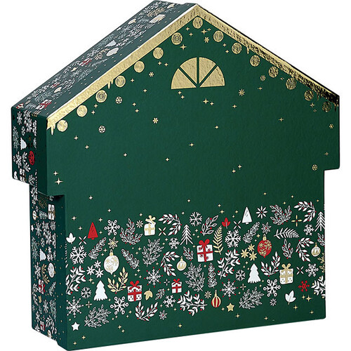 Coffret carton forme chalet BONNES FÊTES vert/blanc/rouge/dorure à chaud or