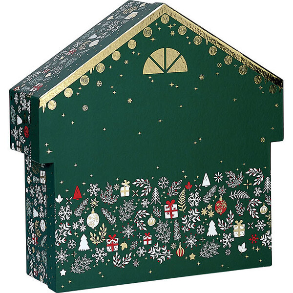 Box cardboard chalet shape MERRY CHRISTMAS green/white/red/gold hot foil stamping