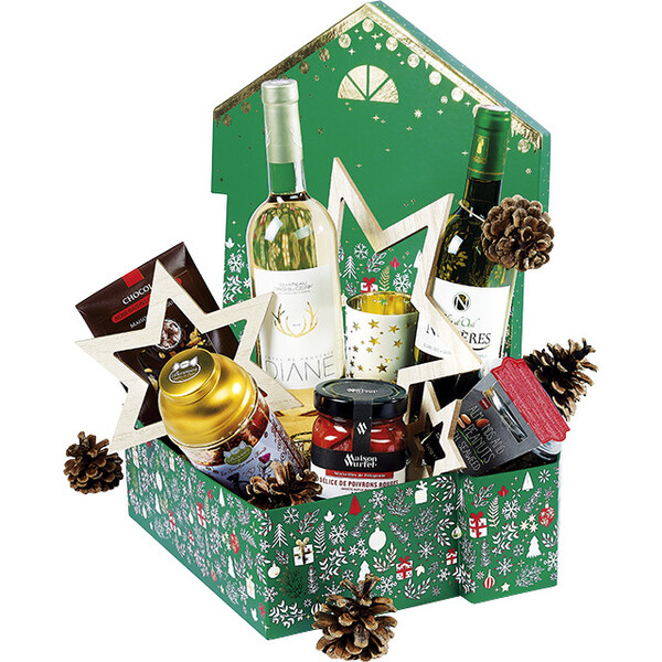 Coffret carton forme chalet BONNES FÊTES vert/blanc/rouge/dorure à chaud or-Les Bonnes Affaires 2026