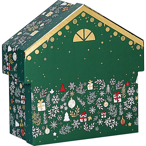 Coffret carton forme chalet BONNES FÊTES vert/blanc/rouge/dorure à chaud or