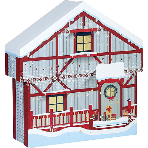 Box cardboard chalet shape MERRY CHRISTMAS red/white/gold hot foil stamping