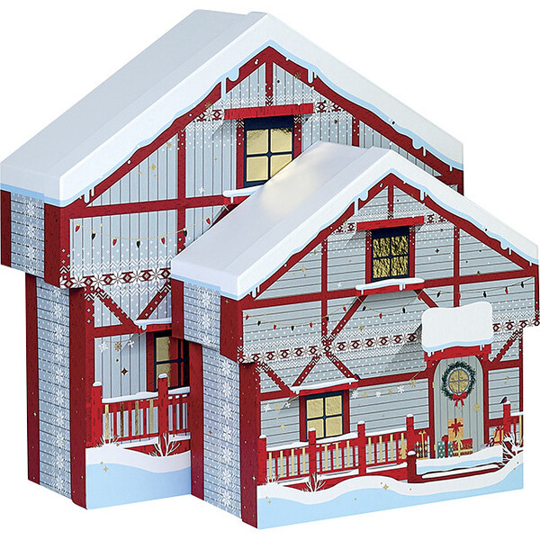 Box cardboard chalet shape MERRY CHRISTMAS red/white/gold hot foil stamping