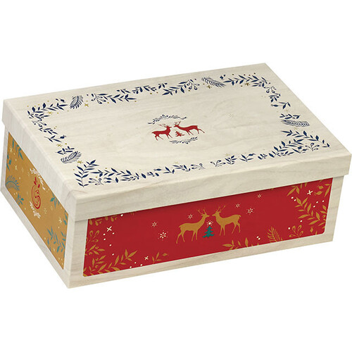 Coffret carton rectangle BONNES FÊTES effet bois/rouge/vert/or/dorure à chaud or