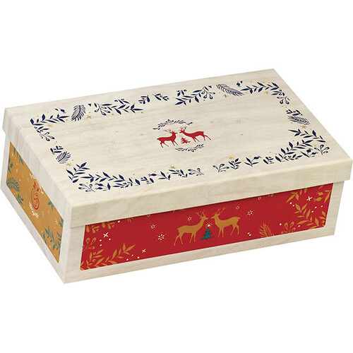 Box cardboard rectangular MERRY CHRISTMAS wood effect/red/green/gold