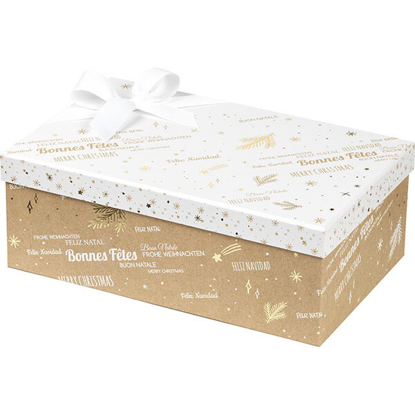 Caja cartón rectangular FELIZ NAVIDAD kraft/blanco/estampación en caliente dorado