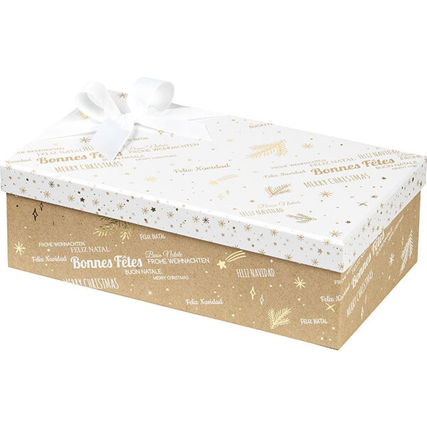 Caja cartón rectangular FELIZ NAVIDAD kraft/blanco/estampación en caliente dorado