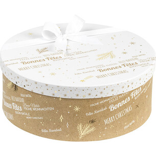 Coffret carton rond BONNES FÊTES  kraft/blanc/dorure à...