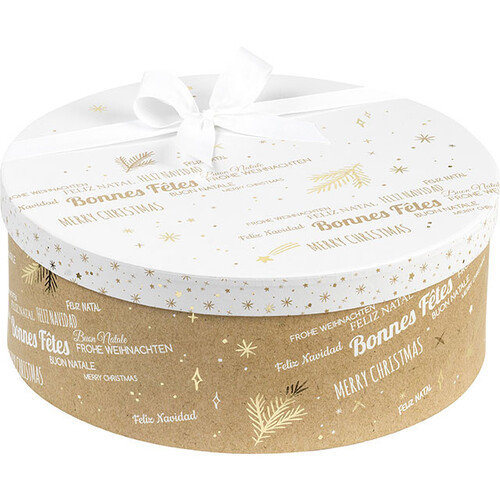 Box cardboard round MERRY CHRISTMAS kraft/white/gold hot foil stamping