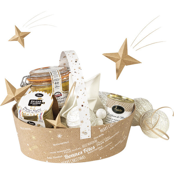 Cesta cartón ovalada FELIZ NAVIDAD kraft/blanco/estampación en caliente dorado asas plegables