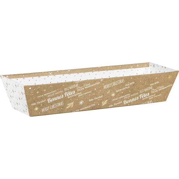 Bandeja cartón rectangular FELIZ NAVIDAD kraft/blanco/estampación en caliente dorado