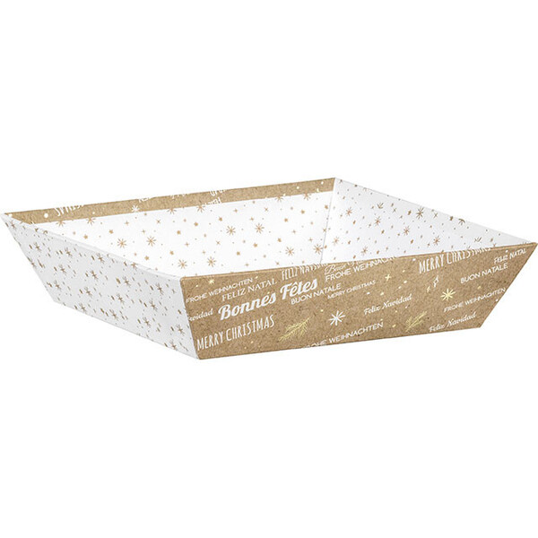 Tray cardboard rectangular MERRY CHRISTMAS kraft/white/gold hot foil stamping