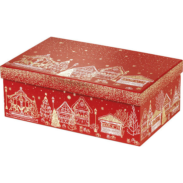 Caja cartón rectangular FELIZ NAVIDAD rojo/estampación en caliente dorado