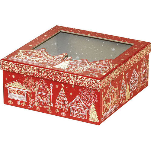 Coffret carton carré BONNES FÊTES rouge/dorure...