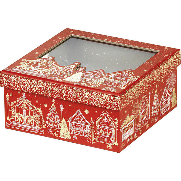 Box cardboard square MERRY CHRISTMAS red/gold hot foil stamping PET window