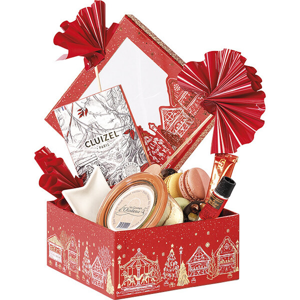 Coffret carton carré BONNES FÊTES rouge/dorure à chaud or fenêtre PET-Les Bonnes Affaires 2026