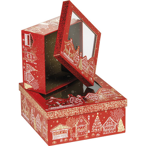 Coffret carton carré BONNES FÊTES rouge/dorure...