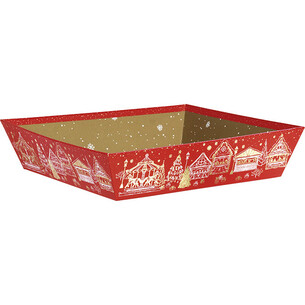 Corbeille carton carrée BONNES FÊTES rouge/dorure à chaud or