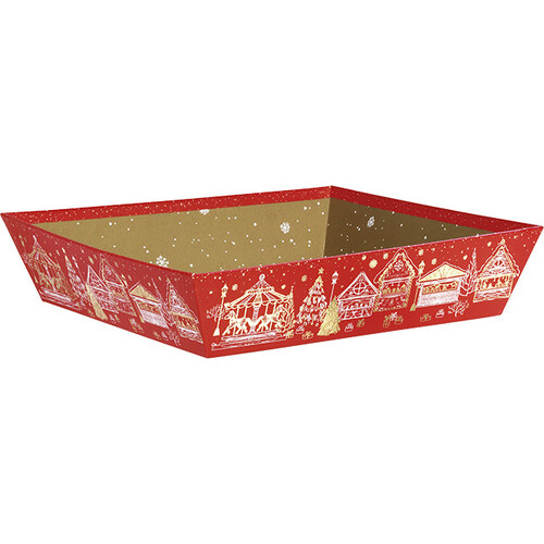 Corbeille carton carrée BONNES FÊTES rouge/dorure à chaud or