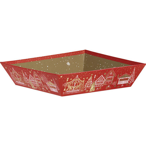Corbeille carton carrée BONNES FÊTES rouge/dorure à chaud or