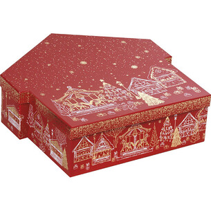 Caja cartón forma chalets FELIZ NAVIDAD rojo/estampación...